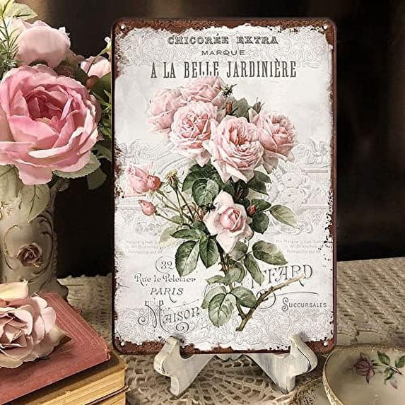 Vintage Rose Wall Decor Tin Sign - French Country Victorian Cottage Shabby Chic Flower Signs for Room, Bathroom, Garden, Farmhouse Wall Decor Art Accessories, Gifts for Women, 8 x 12 inch