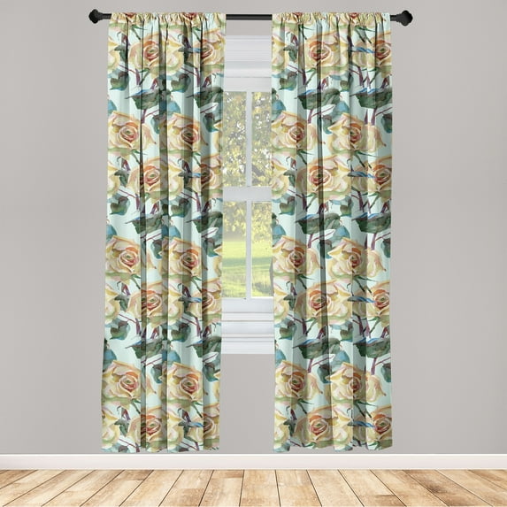 Vintage Rose Window Curtains, Aquarelle Style Illustration of Retro Floral Design Romance Art, Lightweight Decor 2-Panel Set with Rod Pocket, Pair of - 28"x95", Avocado Green Jade Green, by Ambesonne