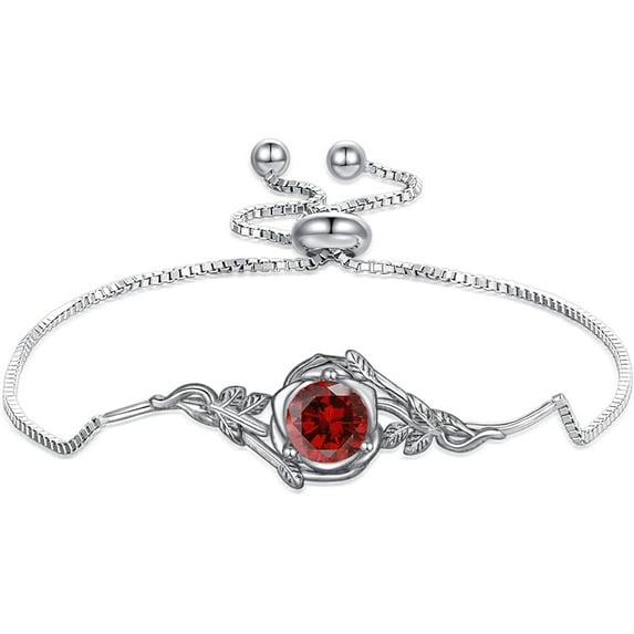 Vintage Rose with Round Birthstone Box Chain Bracelet 925 Sterling Silver Retro Gemstone Adjustable Bracelet for Birthday Women