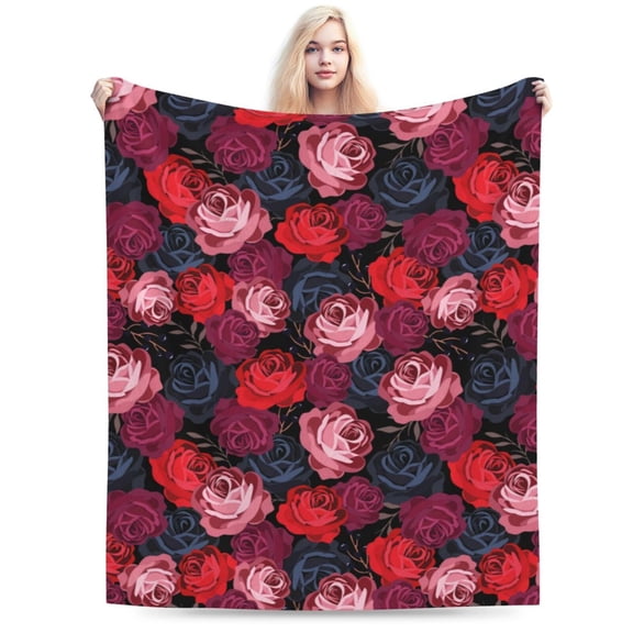 Vintage Roses Black Throw Blanket, Gifts For Men Women, Soft Warm Cozy Lightweight Fleece Throw Blankets Sherpa Fuzzy Stuff For Bed Sofa Couch Chair 80"X60"