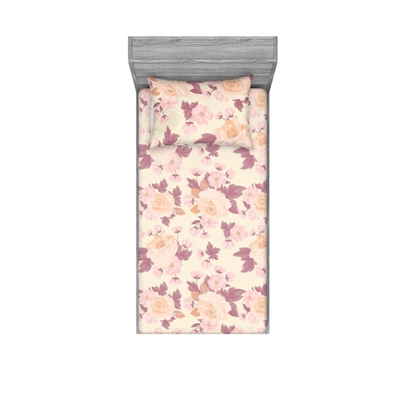 Vintage Roses Fitted Sheet & Pillow Sham Set, 90s Vibe Blooming Floral with Neutral Leaves Spring Concept Art, Decorative Printed 2 Piece Bedding Decor, Twinxl, Cream Dried Rose Blush, by Ambesonne