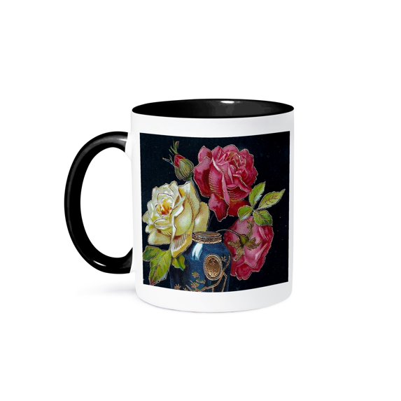 3dRose, Vintage Roses in Vase, 11oz Two-Tone Black Mug
