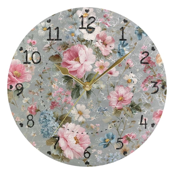 Vintage Roses Round Wall Clock Silent Analog Battery Operated Gold Pointer Home Decor 9.84" Diameter