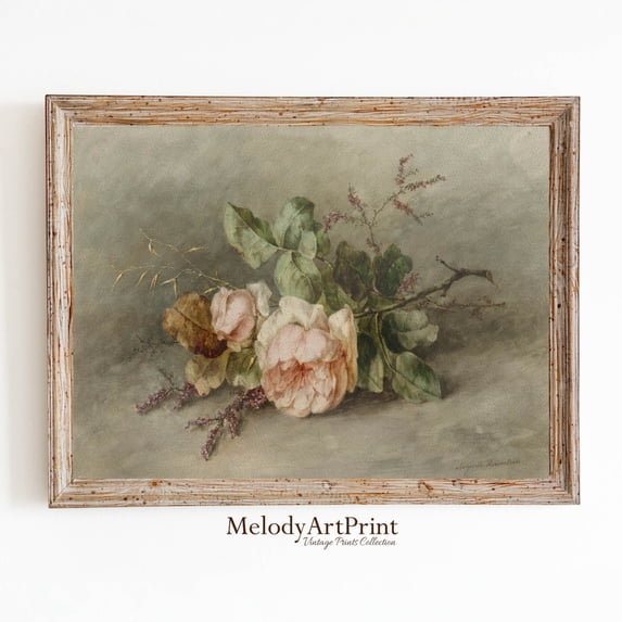 Live Art Roses Vintage Roses Still Life Wall Art Print, Horizontal Floral, Cottagecore ...