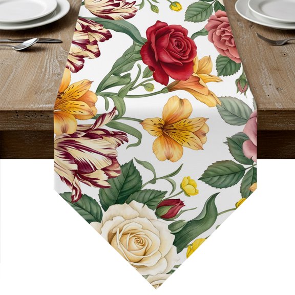 Vintage Roses Table Runner Linen Burlap Table Runner 36 Inches Small Farmhouse Floral Botanical Tulips Dresser Scarves for Kitchen Island Coffee Dining Room Party Wedding Holiday Decoration 13"x36"