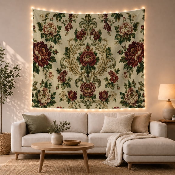 Vintage Roses and Vines on Cream Background, Romantic Vintage Style for Flower Lovers, Botanical Wall Art, Mother's Day Gift, Tapestry Wall Hanging for Bedroom and Living Room