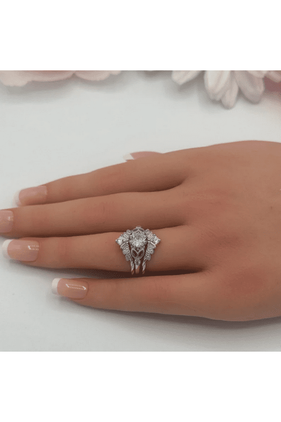 Vintage Round & Baguette Cut White Diamond 3 Piece Bridal Ring Set in 925 Sterling Silver - Wedding Engagement Ring Band - Ring For Womens