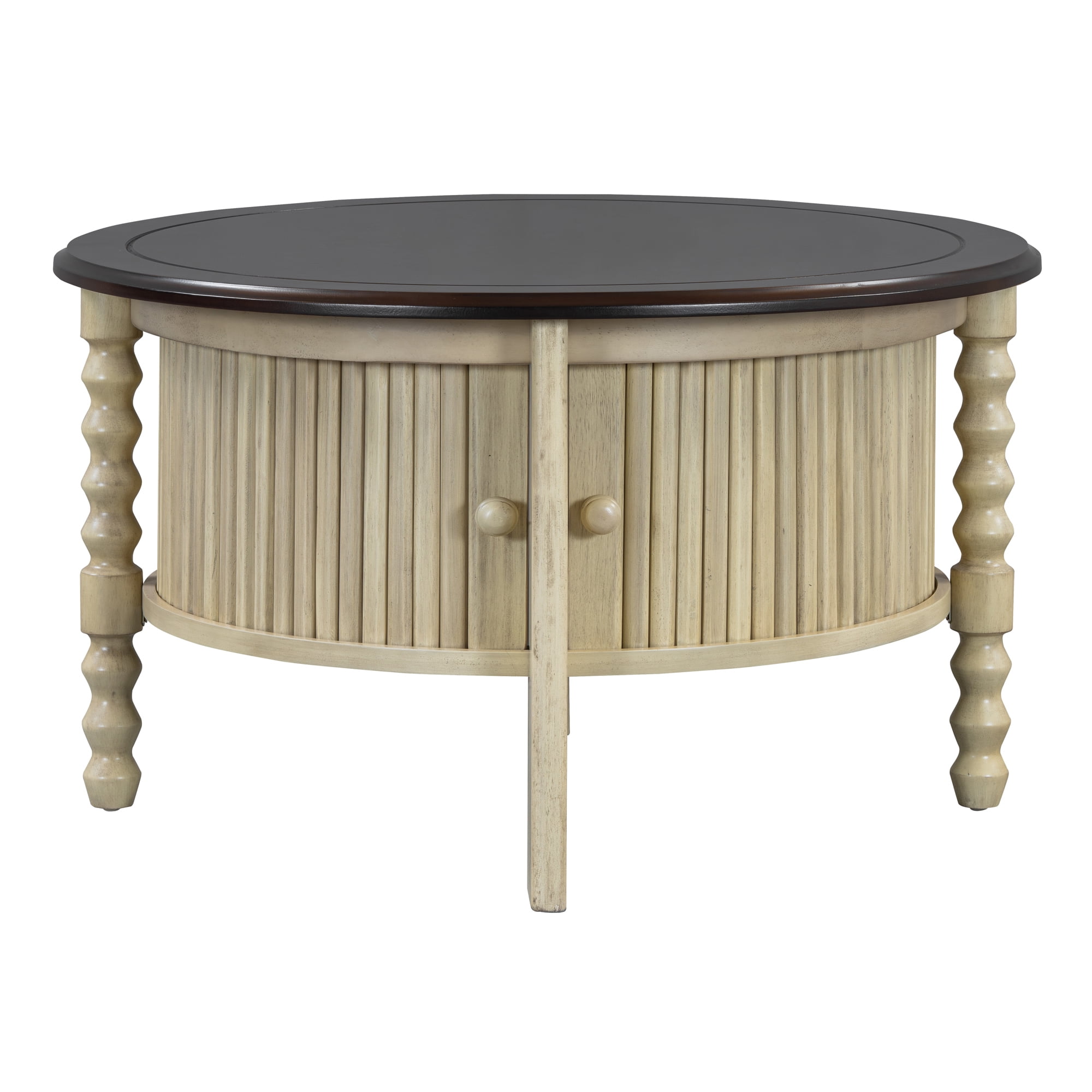 Vintage Round Coffee Table with Sliding Door, Antique Accent Table for Small Space Bedroom Living Room