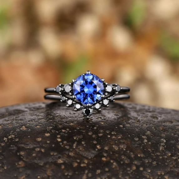Vintage Round Cornflower Blue Sapphire Engagement Ring Set IN 14K Black Gold Vermeil- Black Diamond Sapphire Bridal Set- Wedding Set Promise Ring