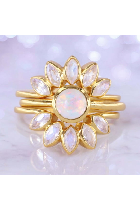 Vintage Round Fire opal Engagement Ring Set Rose Gold Moonstone Wedding Ring 3pcs Stacking Ring Women Wedding Band Anniversary Gifts