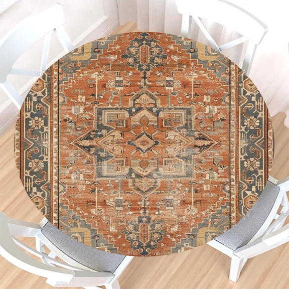 Vintage Round Fitted Tablecloth with Elastic Edge,Water-Resistant Wipeable Boho Brown Carpet Distressed Rust Dull Teal Tapestry Table Cover for 44-48" Stretch Table Cloth for Dinner Indoor Outdoor
