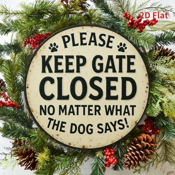 Vintage Round Iron Sign "Please Keep The Gate Closed No Matter What The Dog Says!" - 8 Inch Humorous Dog Themed Metal Wall Art for Man Cave, Garage, Garden Entry