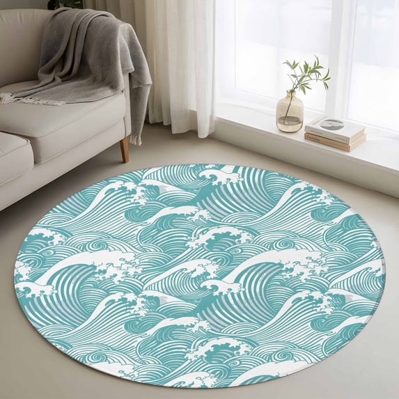 Vintage Round Living Room Rugs 3.3 ft, Green Ocean Waves Line Illustration Washable Area Rug with Non-Slip Sturdy Edge Binding Round Front Door Mat Floor Carpet for Entryway