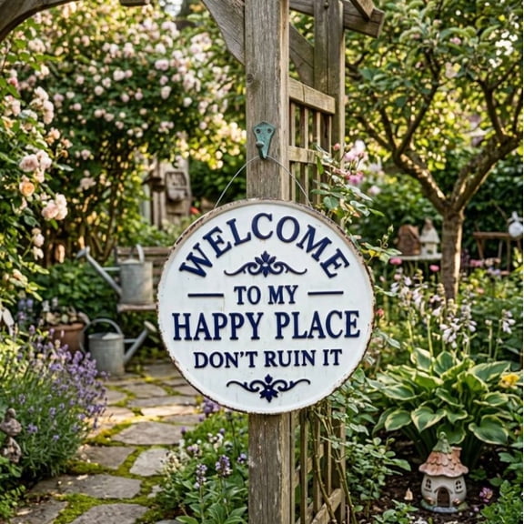Vintage Round Metal Sign ā āWelcome to My Happy Place Don't Ruin Itā Garden Wall Decor, Creative Typography Art for Apartment Dorm Balcony Terrace Space Saving Design