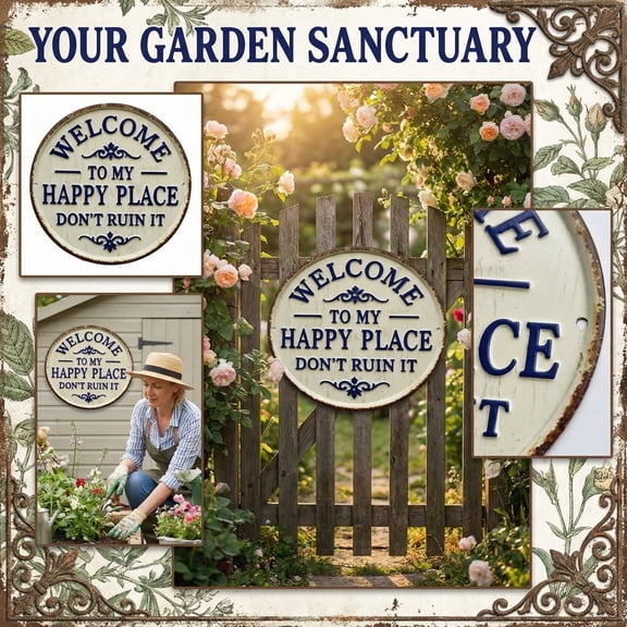 Vintage Round Metal Sign – “Welcome to My Happy Place Don't Ruin It” Garden Wall Decor, Humorous Boundary Sign for Garden Gate Greenhouse Potting Shed Durable Aluminum