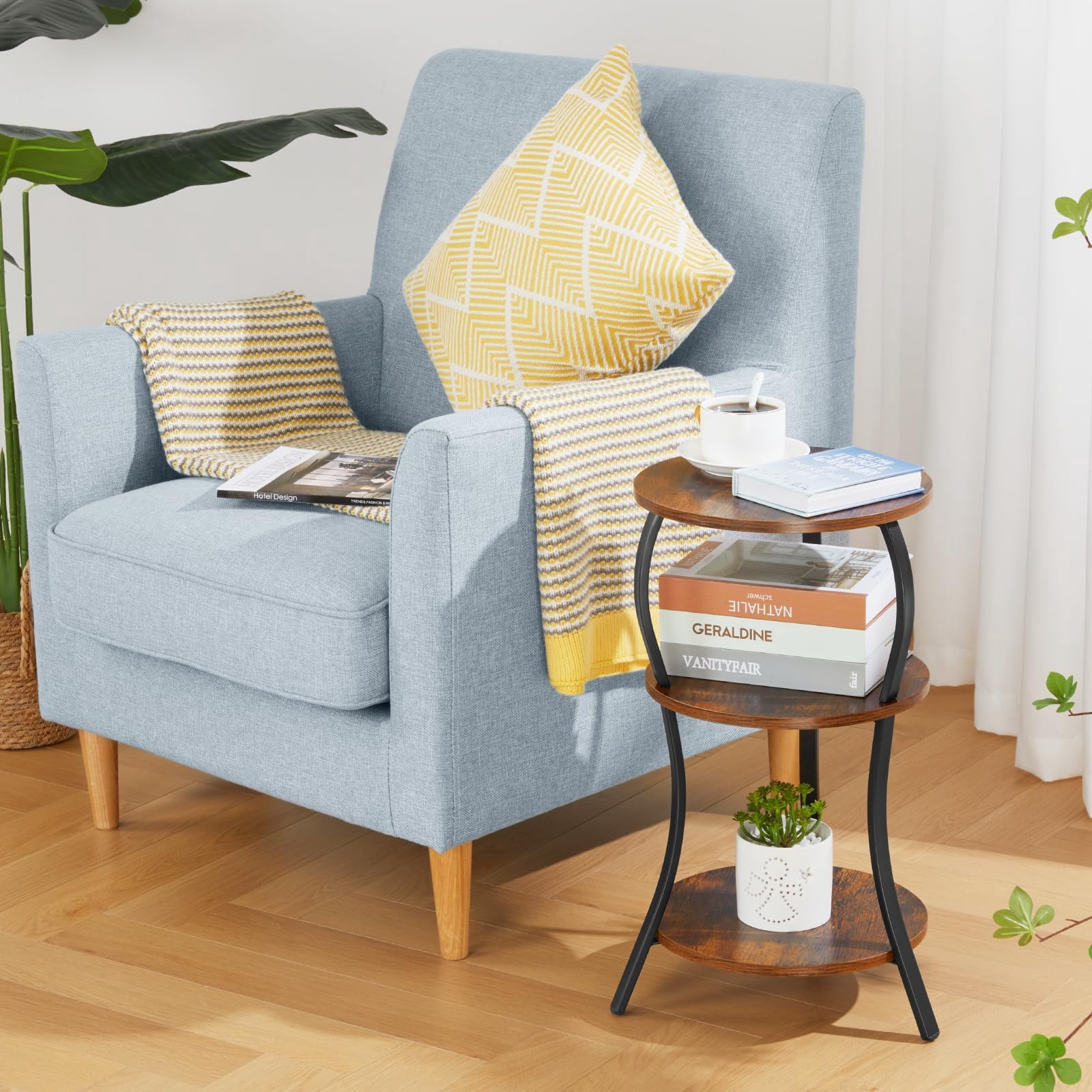 Vintage Round Side Table, 3-Tier Slim Waist Circular End Table with Storage Shelf, Round Corner Coffee Table Nightstand for Living Room Bedroom