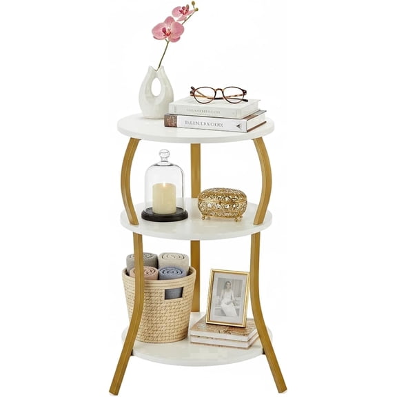 ZEXVIDA Vintage Round Side Table, 3-Tier Slim Waist End Table with Storage Shelf, Tea Table Beside Sofa or Bed, Corner Coffee Table Nightstand for Living Room Bedroom Small Spaces,White+gold