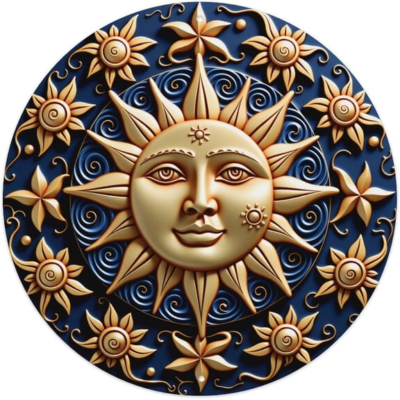 Vintage Round Sun Face Tin Sign With Floral Motifs, Retro Metal Wall Decor Poster for Home Bar Garage Cafe Kitchen, 8 x 8 Inches