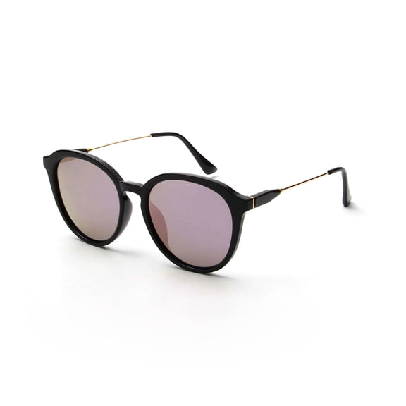 Vintage Round Sunglasses for Women Men, Black Frame Pink Mirror Lens Gold Accent - UV400 Protection Retro Casual Eyewear