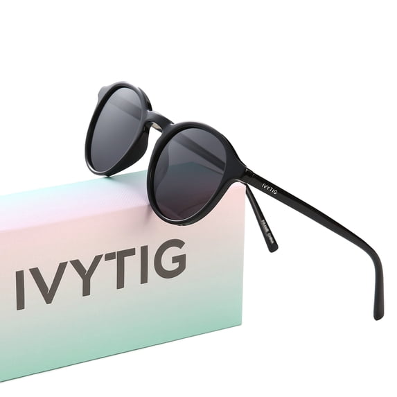 IVYTIG Phoenix Vintage TR90 Narrow Fit Mini Fashion Polarized Sunglasses for Men Women, Round Shape, Shiny Black