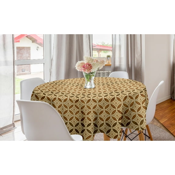 Vintage Round Tablecloth, Celtic Style Interlaced Geometric Circles with Abstract Stars at the Centre, Circle Table Cloth Cover for Dining Room Kitchen Decor, 60", Beige and Caramel, by Ambesonne