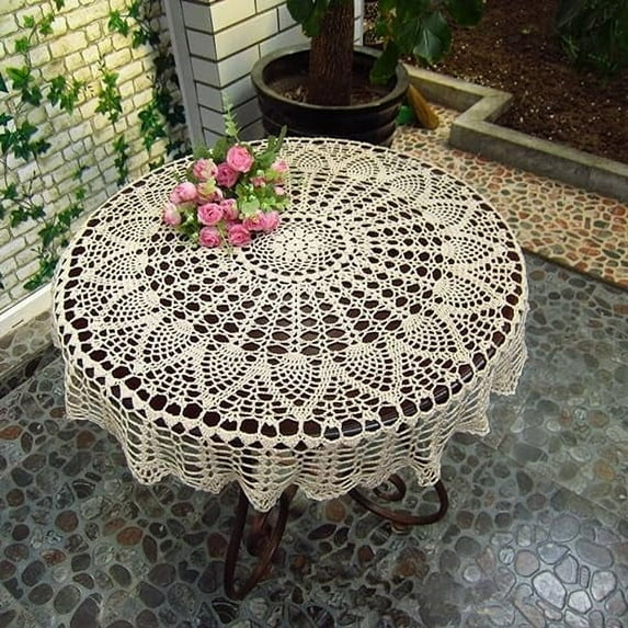 Vintage Round Tablecloths Beige/White Handmade Crochet Doilies Heritage Cotton Table Cover Round Table Topper Wedding Home Party Decor(27-40inch)