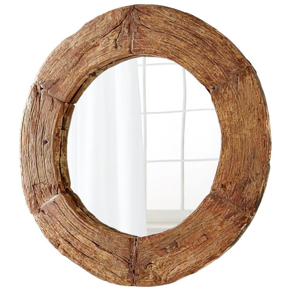 Rustic Walnut Finish Round Wood Frame Wall Mirror 50 inches