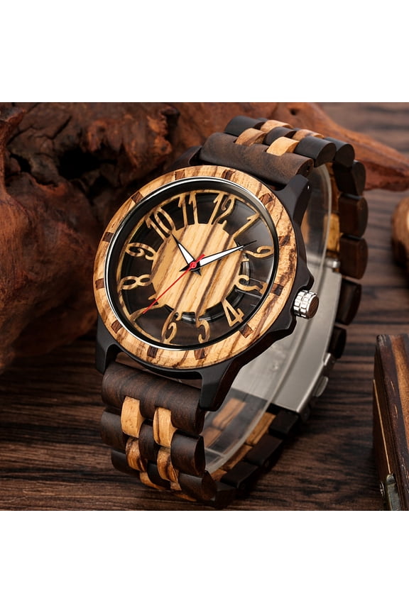 Vintage Round Zebra Wood Quartz Watch for Men - Unique Natural Wood Watch, Electronic Movement, Casual Style, Perfect Special Occasion Accessory