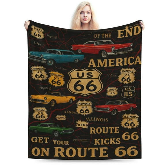 Vintage Route 66 Classic Car Printed Flannel Blanket - Tear Resistant, Machine Washable, Stain Resistant, All-Purpose Blanket for All Seasons 60x50