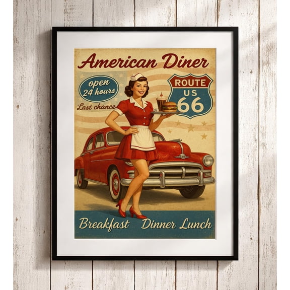 Vintage Route 66 Diner Poster: 1950s Retro Americana Wall Art Vintage Style, Poster Only