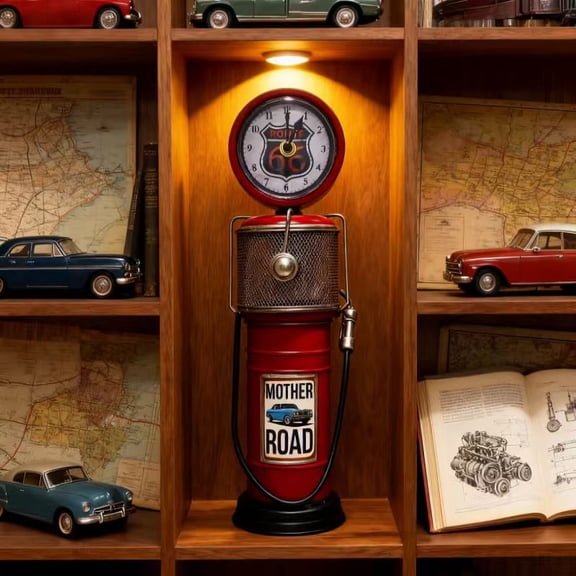 Vintage Route 66 Gas Pump Clock & Money Bank, Retro Decor with Coin Storage, 33.5cm Red Metal Collectible for Home/Office