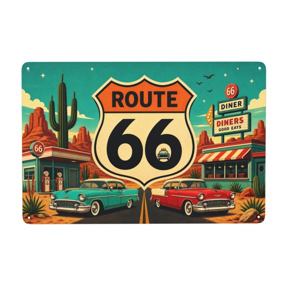 Vintage Route 66 Metal Wall Decor Sign with Diner and Classic Cars Design, Rustic Style Plaque for Indoor/Outdoor Use, Easy Hanging, Weather Resistant Finish, 8x12 Inch