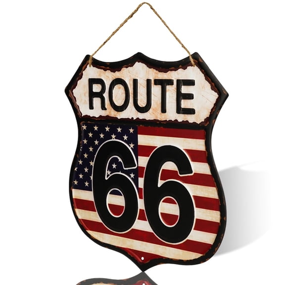 Vintage Route 66 Wall Sign, Decorative Metal Shield Design, Rustic Home Decor with Rope Hanger