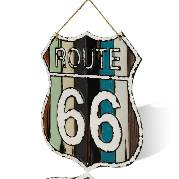 Vintage Route 66 Wall Sign, Decorative Metal Shield Design, Rustic Home Decor with Rope Hanger