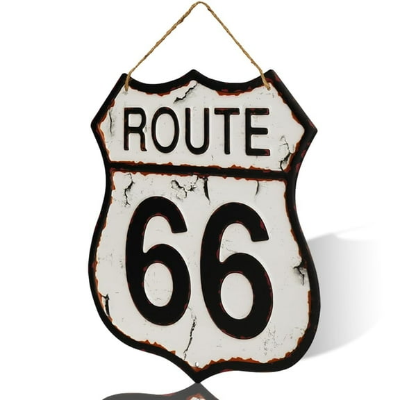 Vintage Route 66 Wall Sign, Decorative Metal Shield Design, Rustic Home Decor with Rope Hanger