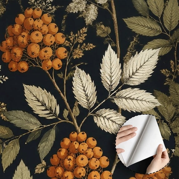 Vintage Rowan Berry Botanical Wallpaper, Rustic Floral Farmhouse peel and stick wallpaper, waterproof, Home Decor for Living Room, Bedroom, Bathroom, Kitchen Cabinet, Dorm Room [17.7 * 118 in]