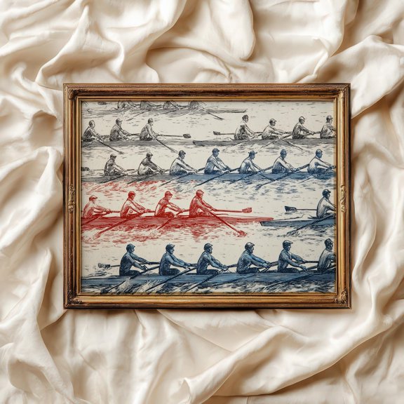 Vintage Rowing 1930s Crew Race Etching Artwork, UNFRAMED Size 16x16