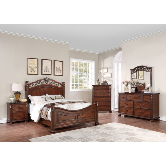 Vintage Royal Formal Brown Finish 6pc Bedroom Set Cal King Size Bed Dresser Mirror Chest 2x Nightstands Furniture Design HB FB
