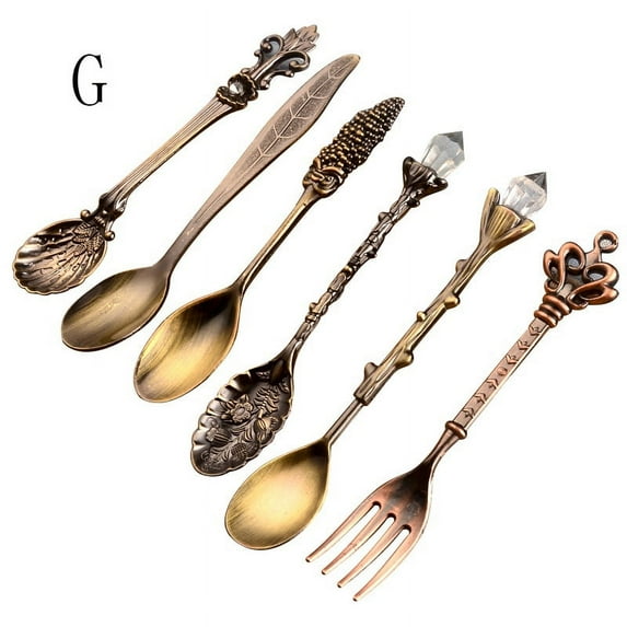 Vintage Royal Style Metal Carved Mini Coffee Teaspoons Fruit Fork Kitchen Accessories 6Pcs
