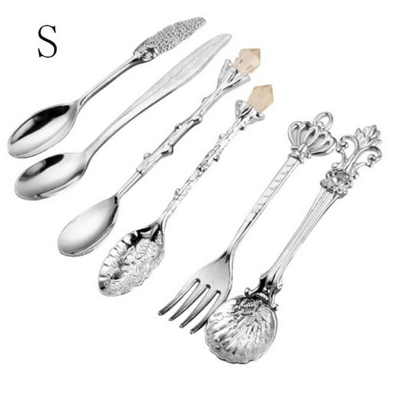 Vintage Royal Style Metal Carved Mini Coffee Teaspoons Fruit Fork Kitchen Accessories 6Pcs