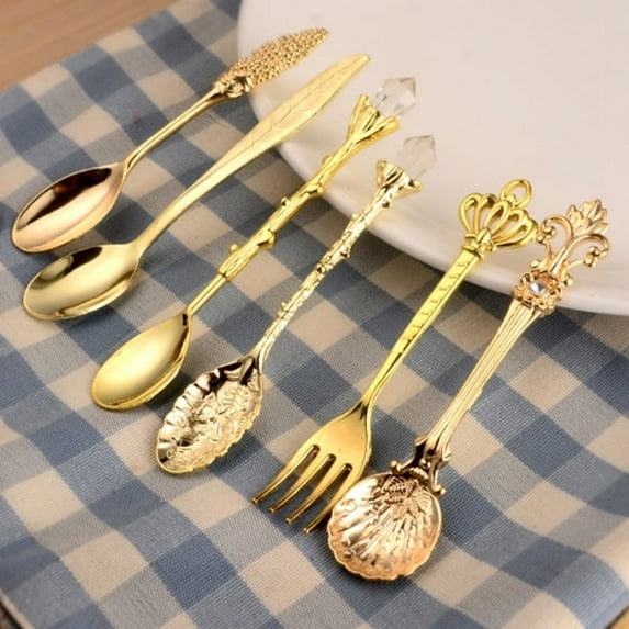 Vintage Royal Style Metal Carved Mini Coffee Teaspoons Fruit Fork Kitchen Accessories 6Pcs