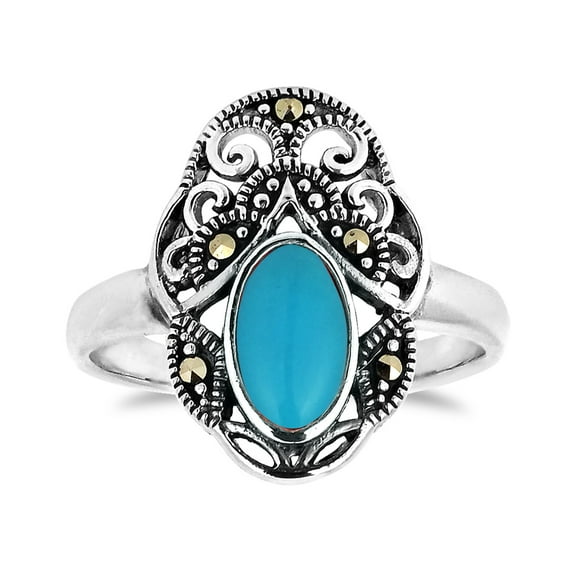 Vintage Royal Swirl Oval Turquoise Marcasite Sterling Silver Ring-9