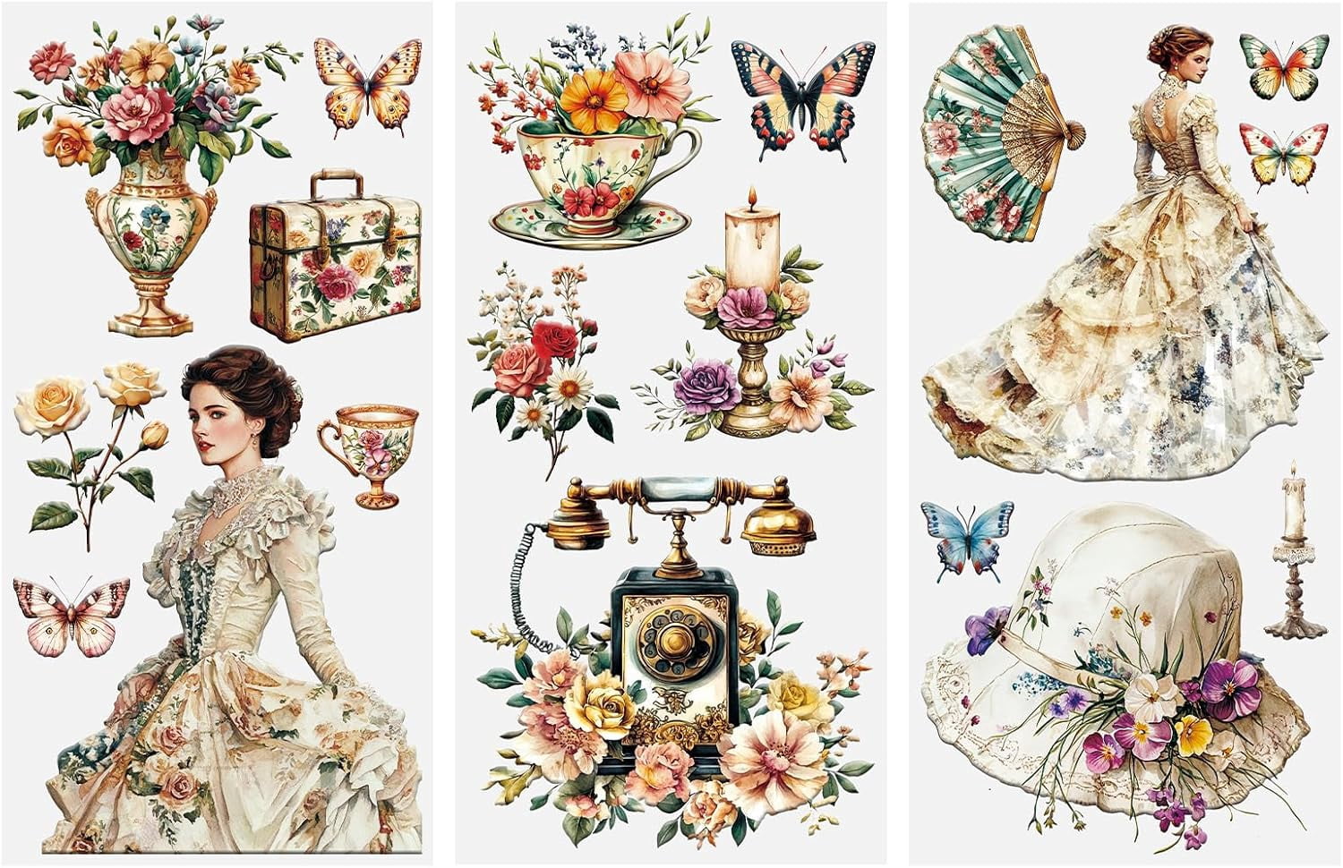 Victorian Ransfers Vintage Rub on Transfers Stickers, 3 PCS Victorian Lady Floral ...