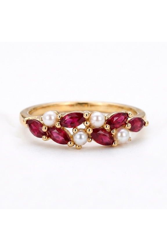 Vintage Ruby And Pearl Ring, Marquise Red Gemstone Cluster Band, Art Deco Floral Promise Ring, Dainty Boho Anniversary Gift for Her