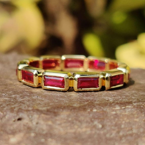 Vintage Ruby Engagement Ring, Baguette Cut Ruby Bezel Set Eternity Wedding Band Stackable Ring, January Birthstone Bridal Promise Gift