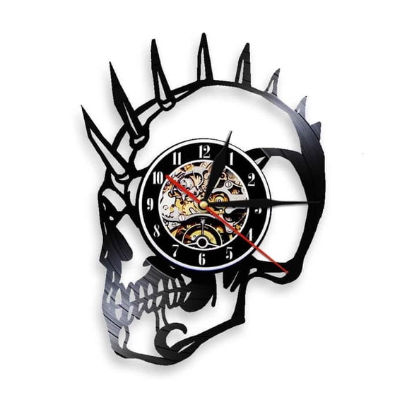 Vintage Rude Dude Punk Skeleton Halloween Horror Decor Mohican Biker Tattoos Scary Skeleton Head Monster Vinyl Record Wall Clock Without LED