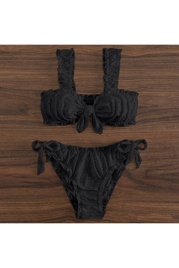 Korean Vintage Ruffles Suspender Bikini Set Women Bowknot Lace Up Swimwear Summer 2025 New Korean Style Sweet Beachwear 2 Piece Sets