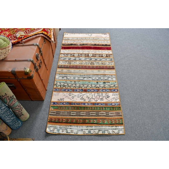 Vintage Rug, 2.4x5.2 ft Small Rugs, Turkish Rug, Patchwork Oushak Rug, Rugs For Gift, Green Bedroom Rug, Small Turkish Rug, 12933