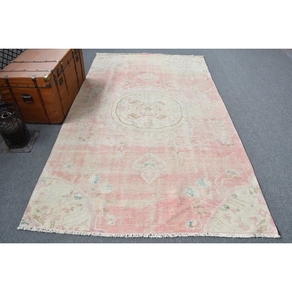 Vintage Rug, 5.4x9.4 ft Large Rug, Oushak Rug, Rugs For Dining Room, Pink Cool Rug, Turkish Rug, Handmade Living Room Rug