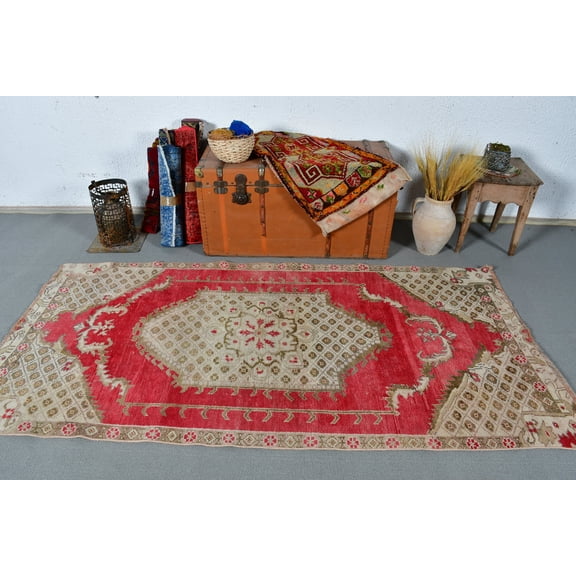 Vintage Rug, Area Rug, Turkish Rug, Anatolian Rugs, Rugs For Living Room, 3.5x7.5 ft Red Rug, Kitchen Rugs, Turkish Area Rug, 13276